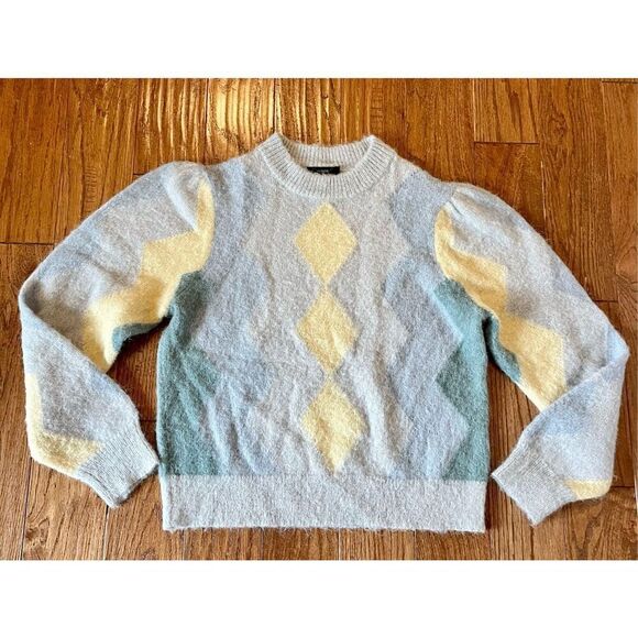 J. Crew blue and yellow argyle alpaca wool crewneck sweater - Picture 9 of 9